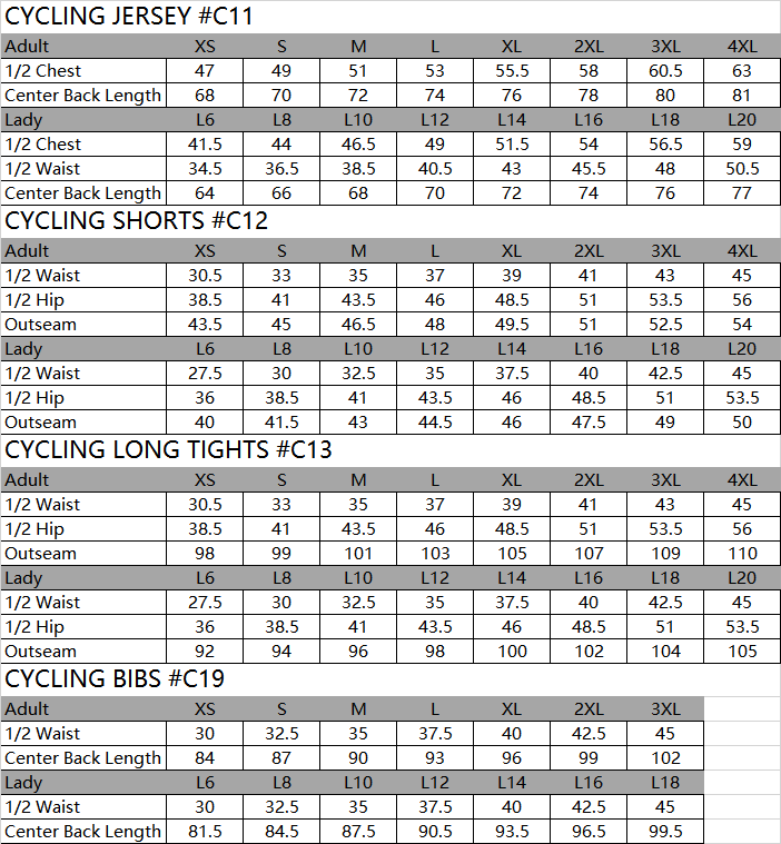 CYCLING SIZE CHART